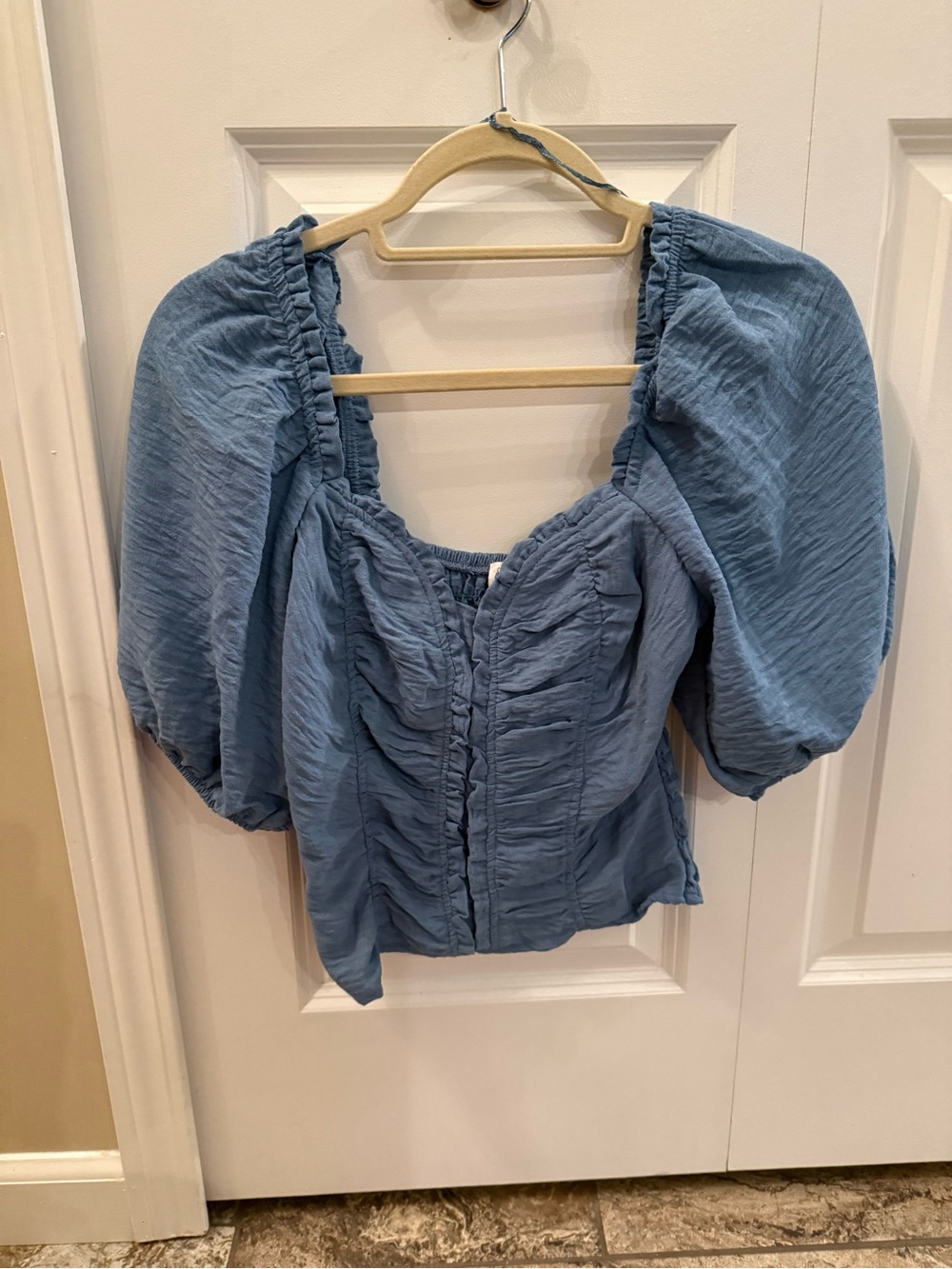 Sienna Sky Dusty Blue Puff-Sleeve Ruched Blouse